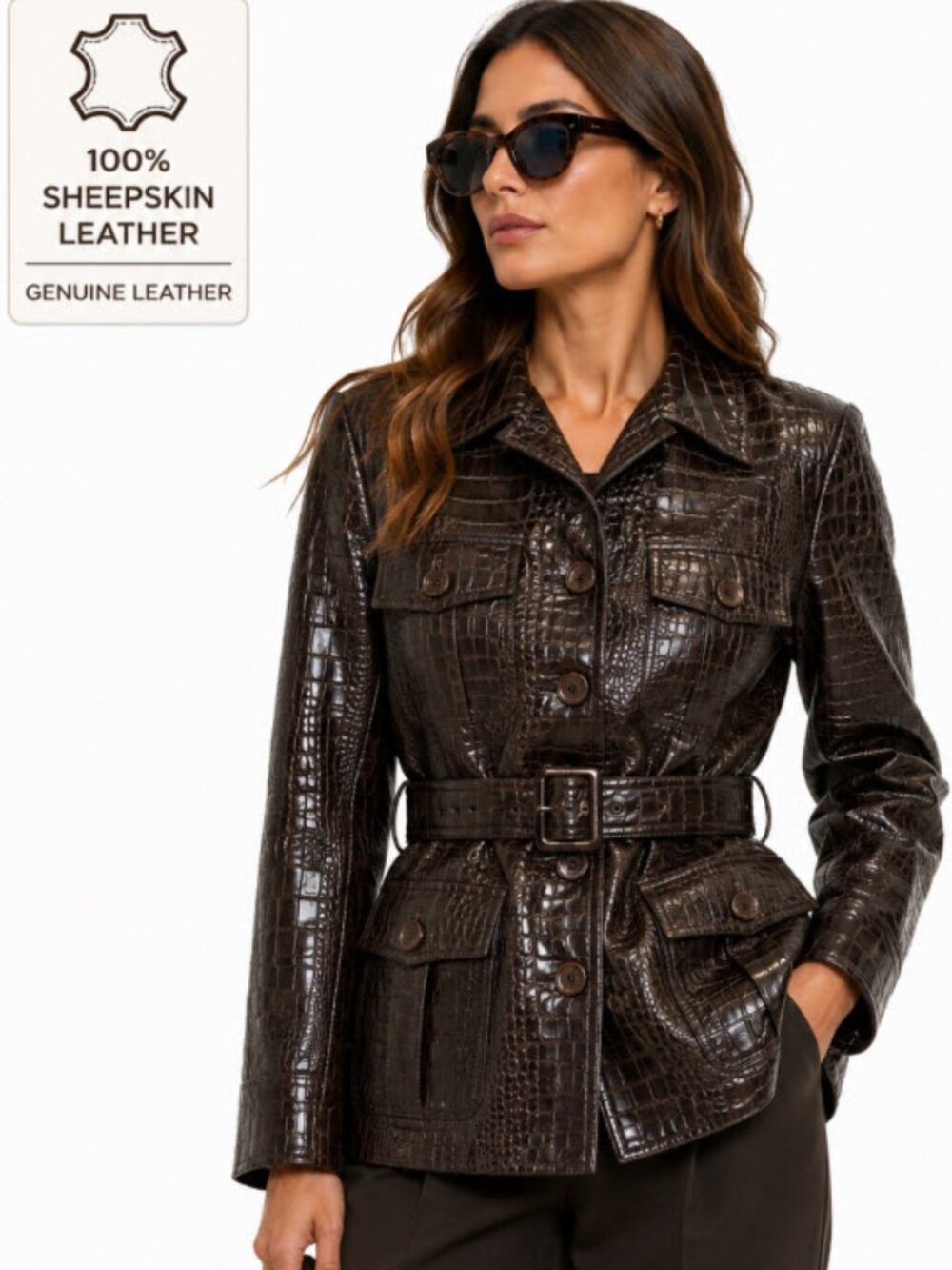 Sara Sheepskin Embossed Leather Jacket Belted Dark Brown Medium Glossy